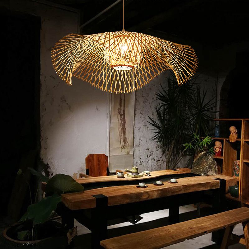 Beige Asia Pendulum Light Rattan 1-Light Hanging Ceiling Light for Dining Room