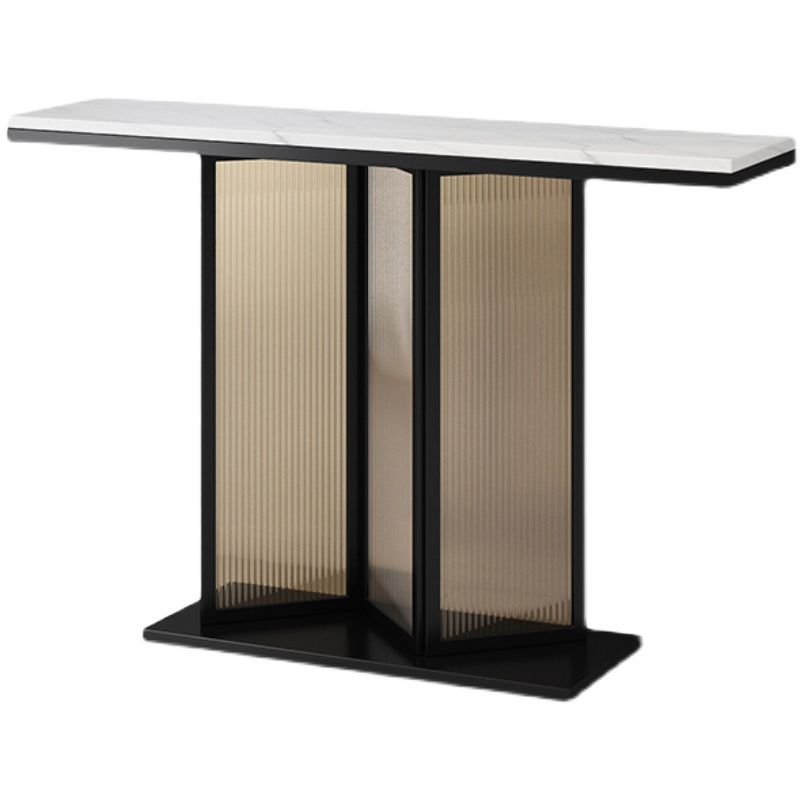 Glam Style Stone Top Console Table with Iron Pedestal Base and Glass