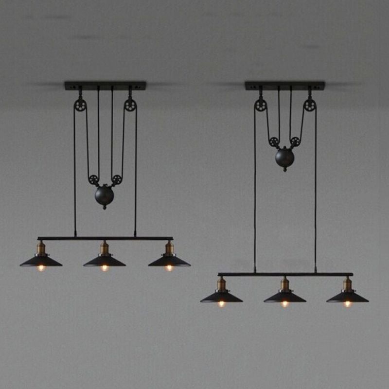 Wrought Iron Black Island Pendant Light in Industrial Simplicity Pulley Pendant Light for Dining Room