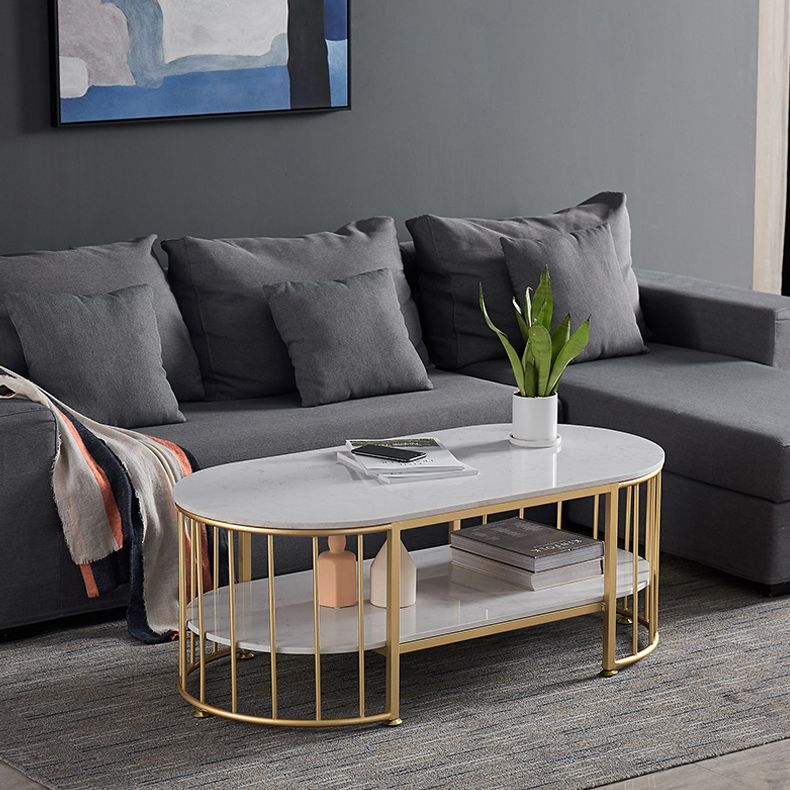 Glam Style Oval Coffee Table with Marble Top and 1 Shelf in White