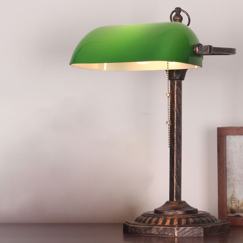 Bronze Rectangle Nightstand Light Traditional Green Glass 1 Bulb Bedroom Reading Book Lamp with Pull Chain