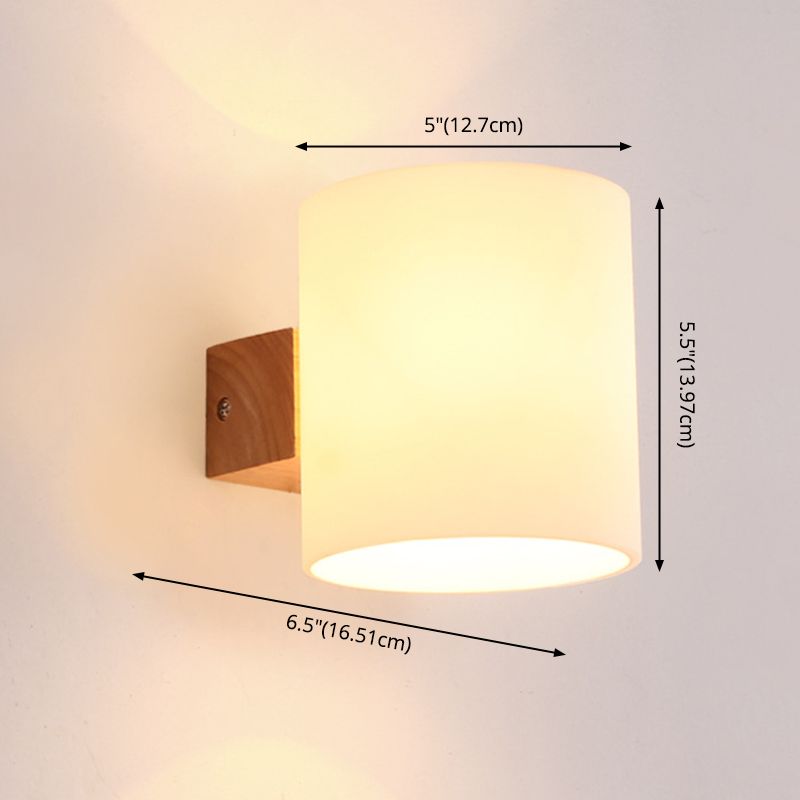 Wooden Cylindrical Wall Lamp in Modern Concise Style White Glass Wall Light for Bedroom