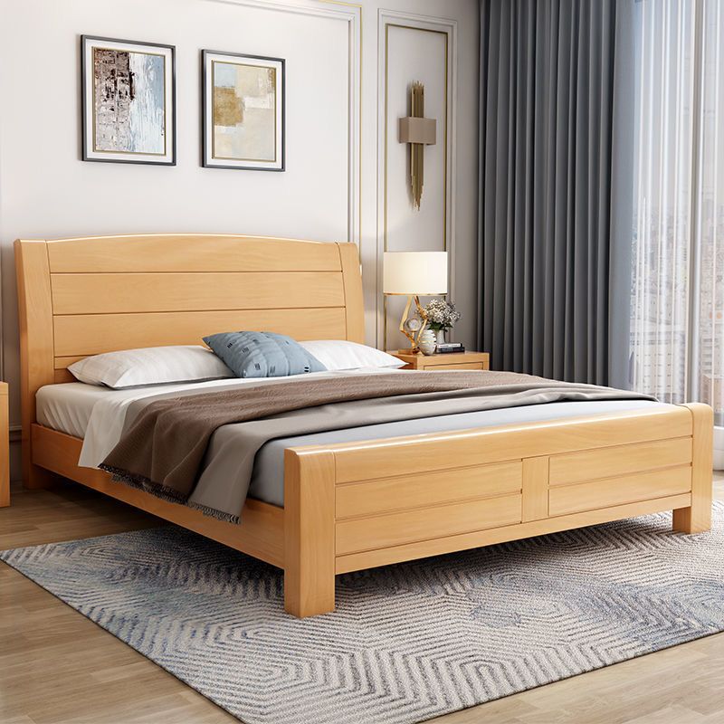 Scandinavian Beech Wood Bed with Legs and Sleigh Headboard in Natural