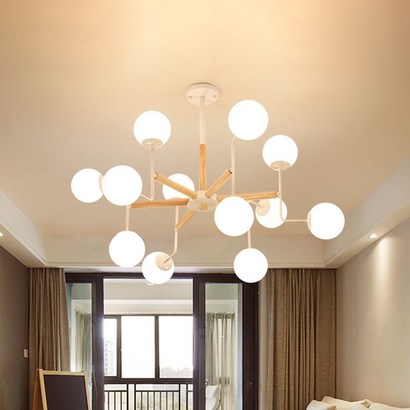 Nordic Starburst Wood Ceiling Mount Light 12 Heads Semi Flush Chandelier in Weiß mit Ball Milky Glas Shade