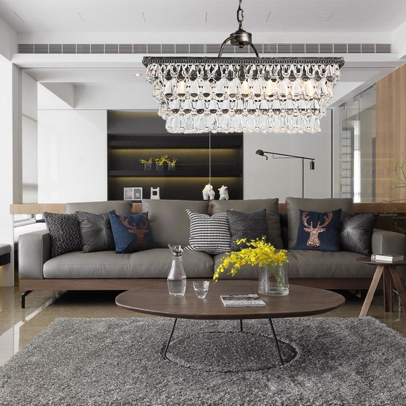 Silver Rectangle Hanging Ceiling Light Modernism Teardrop Crystal 4/6 Heads Living Room Island Light