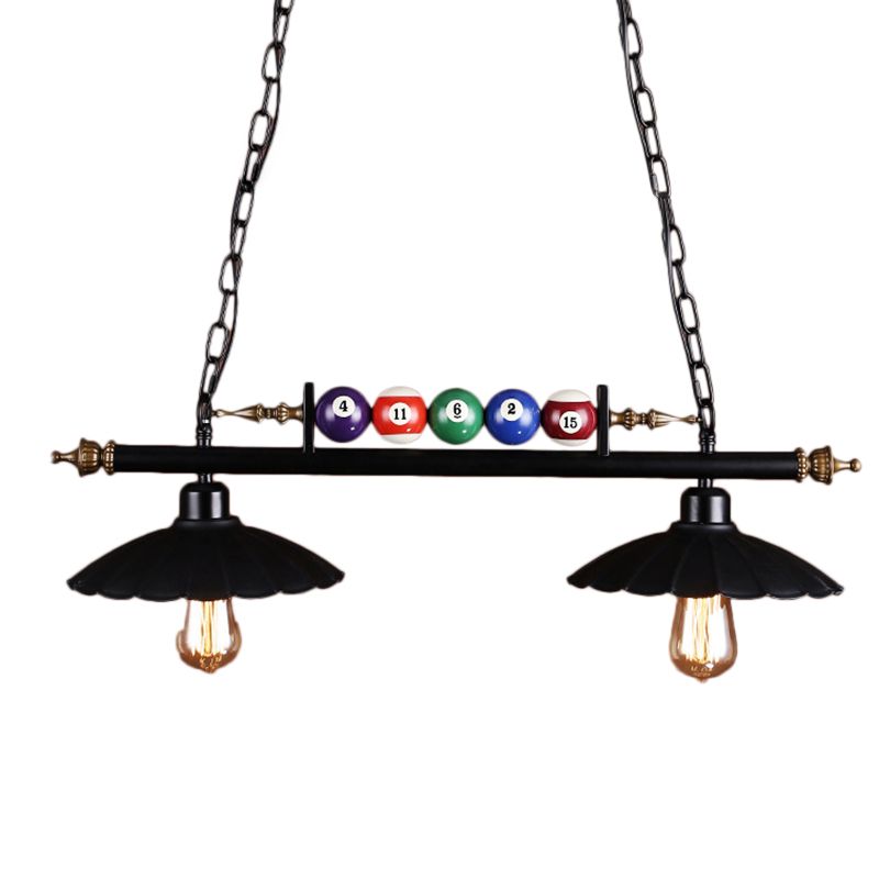 2/3-Licht-Billardtischleuchte mit Wellenschliff und Billardkugel-Dekoration, Vintage-Metallic-Hängeleuchte in Schwarz
