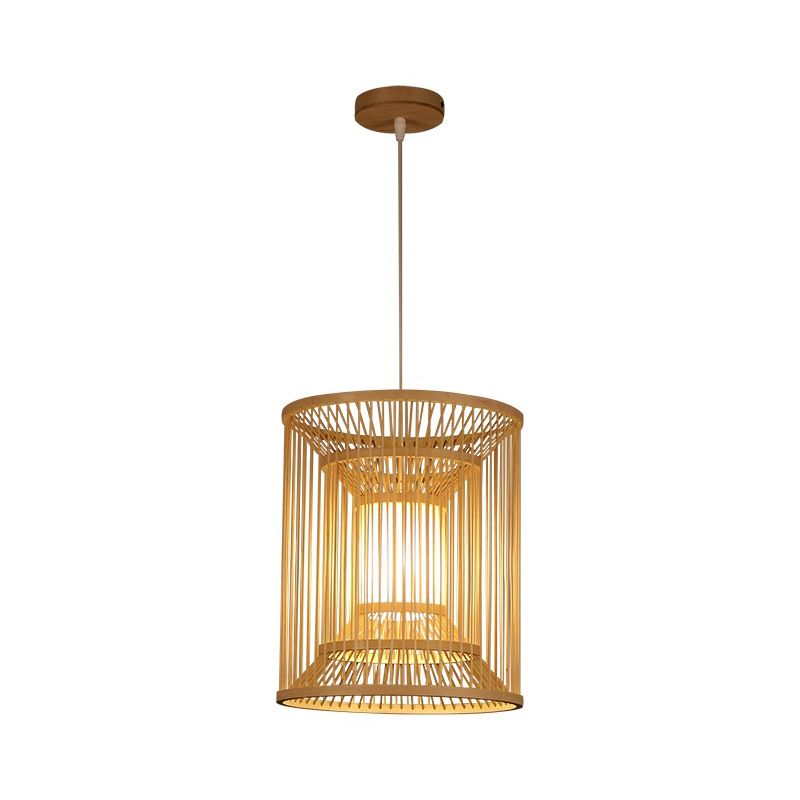 Cylindrical Pendant Lighting Tradition Bamboo 1 Bulb Wood Hanging Lamp Kit for Tearoom