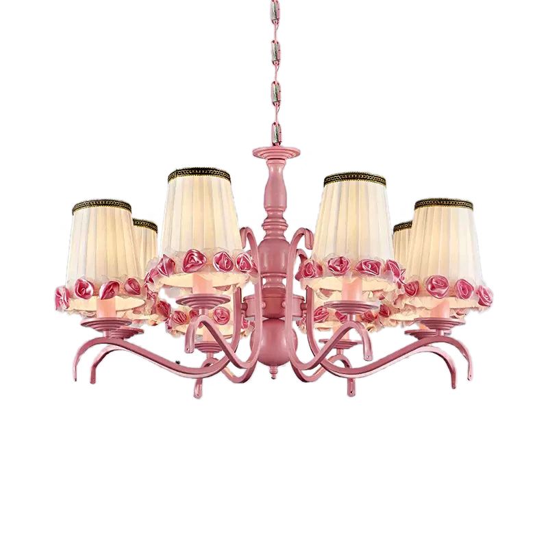 Hotel Fold Tapered Shade Chandelier with Flower Metal 8 Bulbs Modern Pink Hanging Light