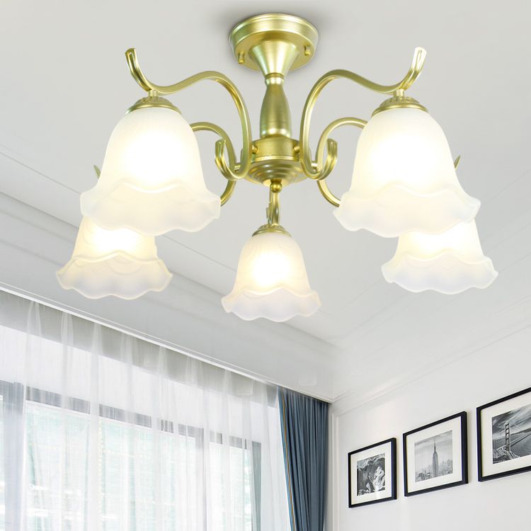 Gold Semi Flush Lamp Traditional Multi-Head Bedroom Ceiling Lighting with Glass Shade