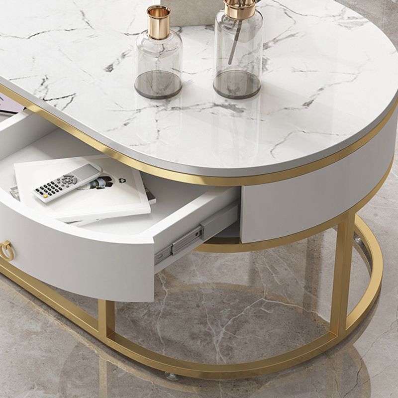Glam Style Cocktail Table with Shelf and Drawer Stone Ova Top Coffee Table