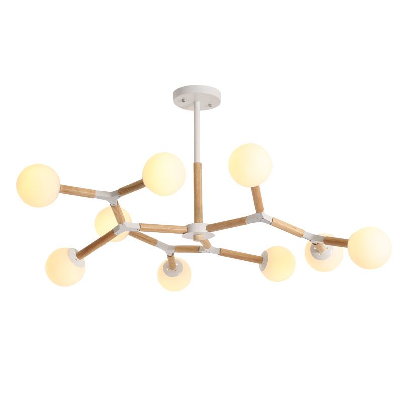 Lampadario molecolare nordico in legno soggiorno luce a sospensione con sfera di vetro opale