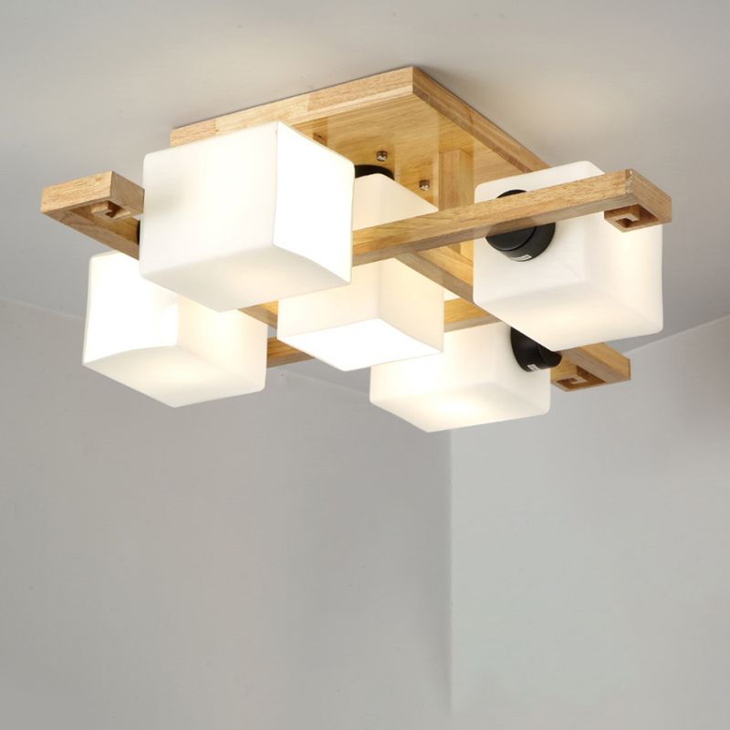 Lustre semi-encastré rectangulaire en verre blanc de style nordique avec auvent en bois pour salon