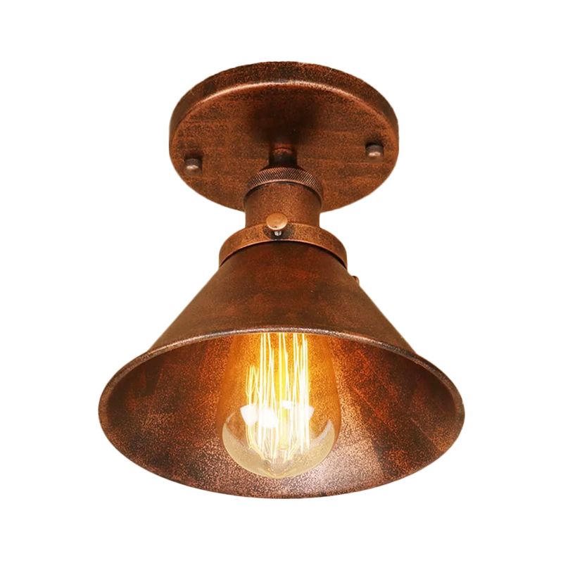 Mini plafonnier à abat-jour conique en fer industriel, 1 lumière, rouille/noir/cuivre, éclairage semi-monté