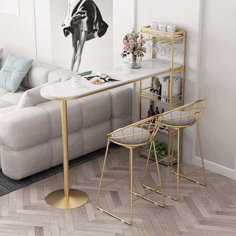 Glam Stone Bar Table Metal Base with Wine Rack for Living Room