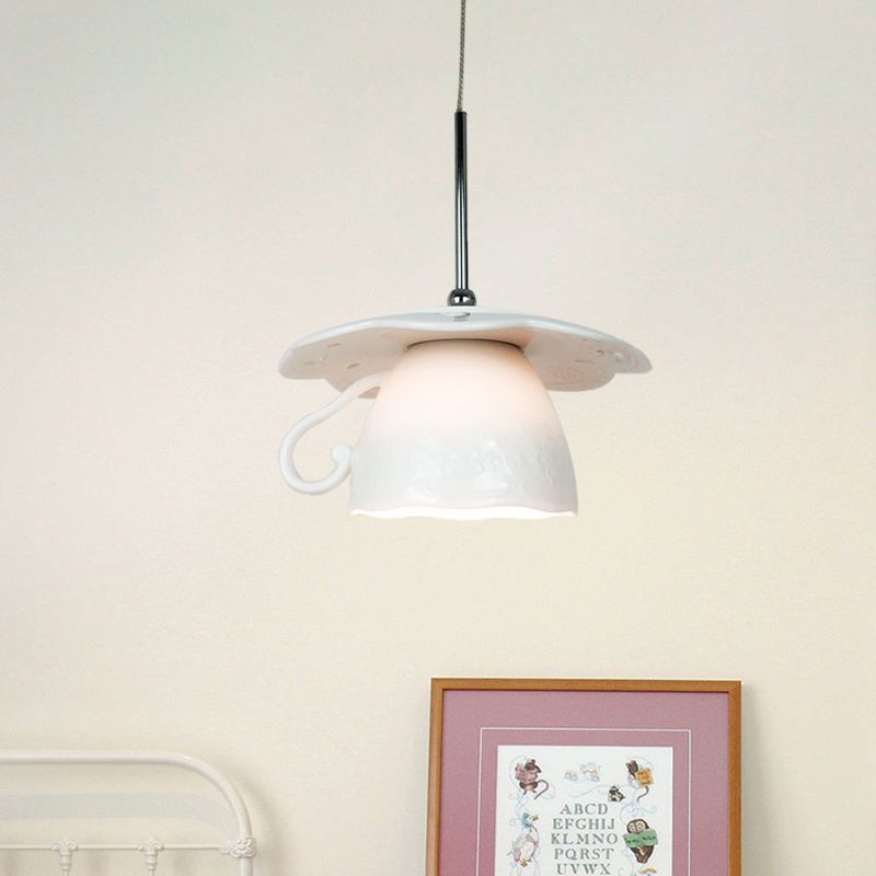 1-Light Restaurant Suspension Light Nordic White LED Ceiling Hang Fixture with Coffee Cup Ceramics Shade