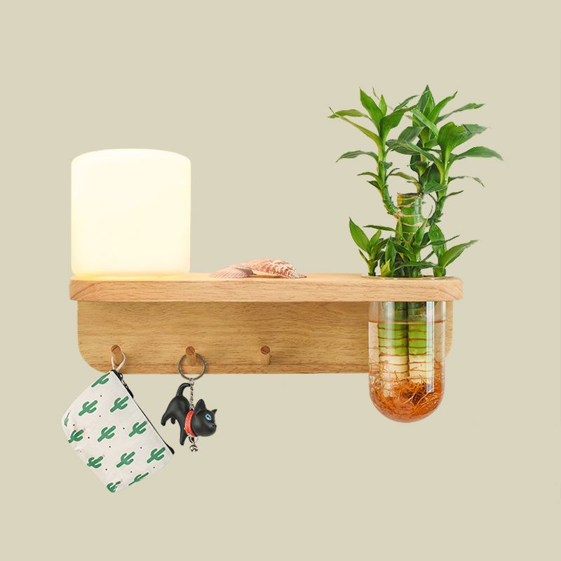 Frosted Glass Wood Wall Light Cylindrical 1-Bulb Industrial Wall Sconce Lamp with Plant Container