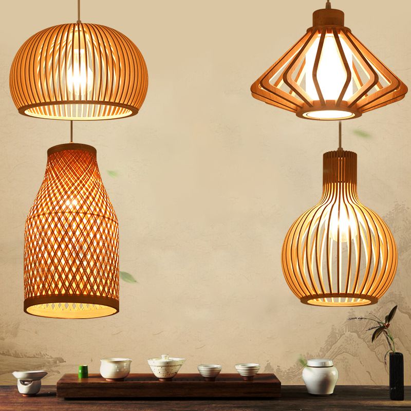 1 Leichte Anhängerlampe mit Holzrahmen Moderne Federleuchten für Esszimmer