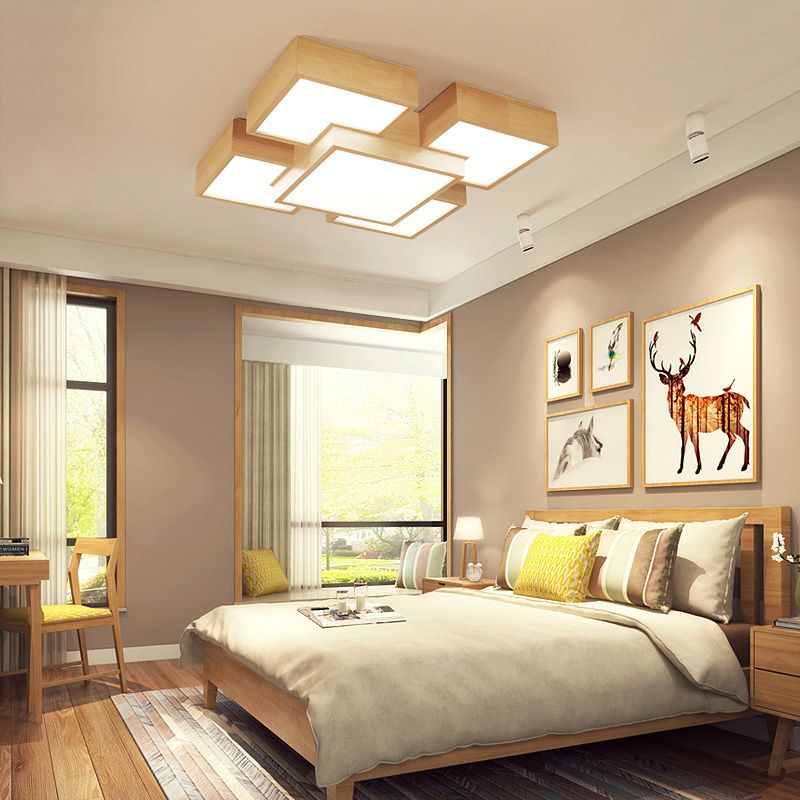 Wooden Flush Mount Ceiling Lighting Fixture Modern Multi-head LED Ceiling Light