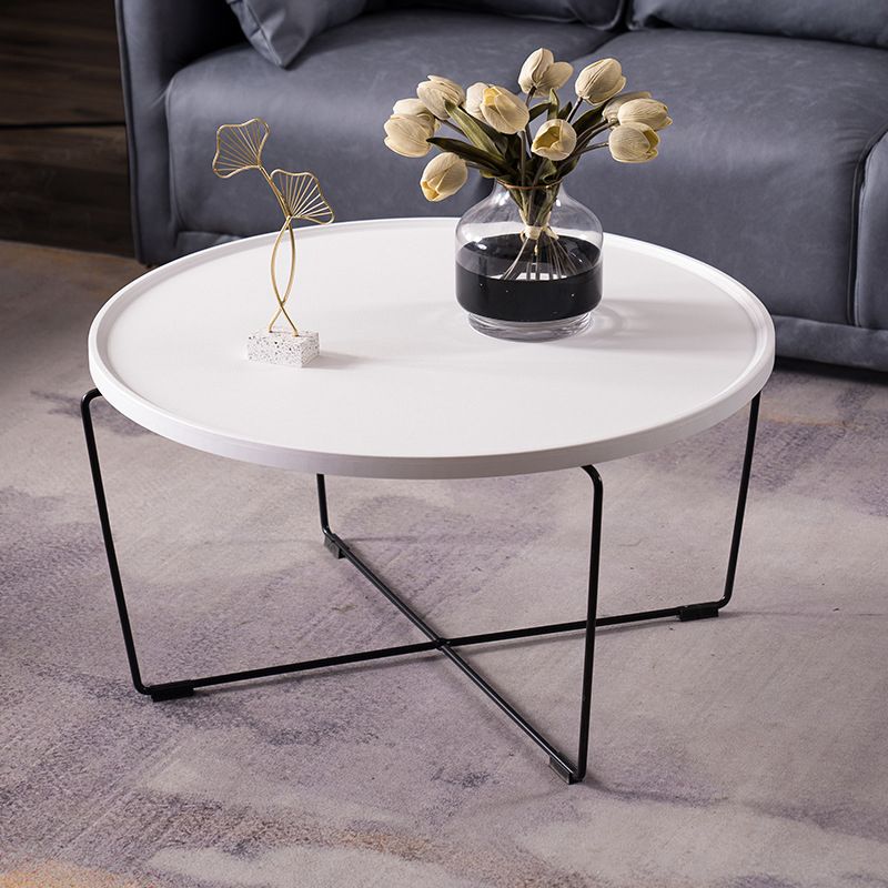 Cross Leg Base Design White/grey Faux Wood Top Metal Iron Round Coffee Table