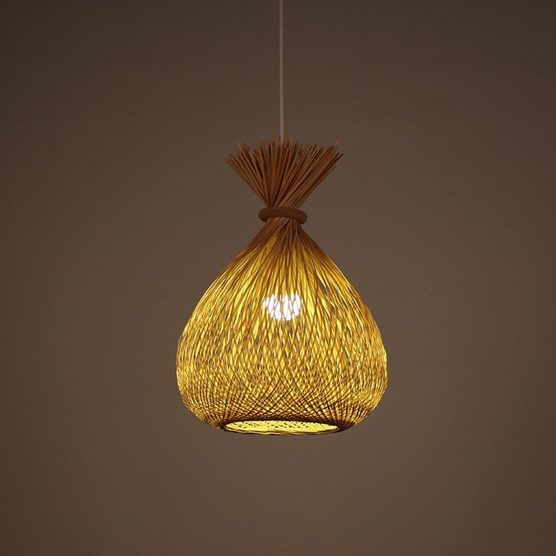 Cross-Woven Bamboo Sack Bag Pendant Chinese 1 Bulb Khaki Hanging Ceiling Light for Guest Room