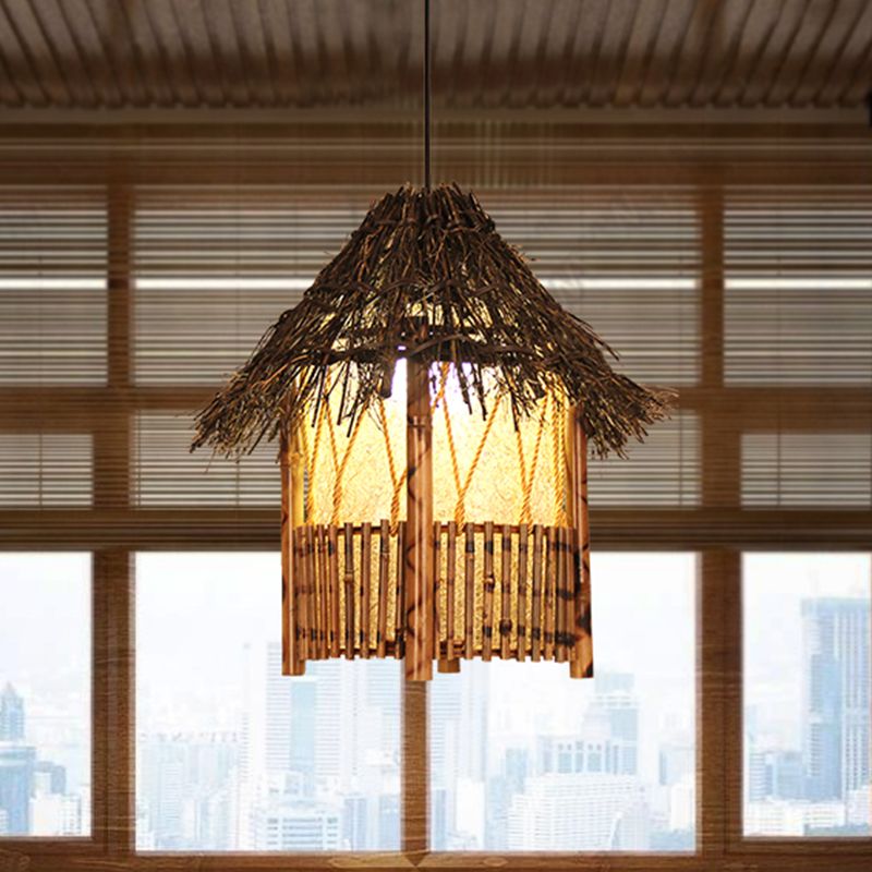 1 Head Handcrafted Pendant Light Chinese Wood Suspended Lighting Fixture in Brown