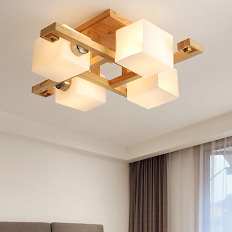 Plafonnier géométrique en bois semi-encastré artistique moderne avec abat-jour en verre blanc