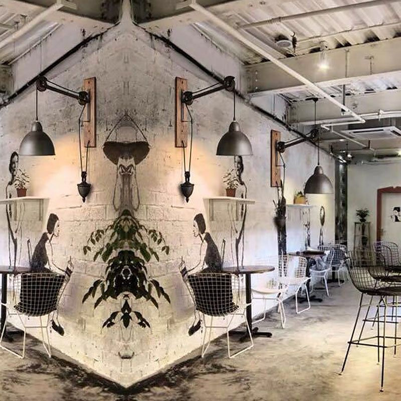 Industrial Style Bowl Shade Lesen Wandlampe 1-Licht Metall Wandleuchte mit Riemenscheibe in Schwarz