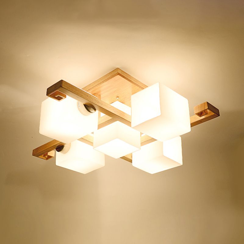 Modern Creative Indoor Semi Flush Mount Wooden Sputnik Ceiling Light with White Glass Shade