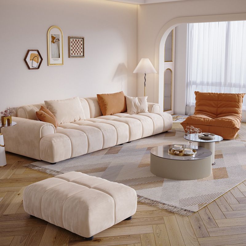 Contemporary Beige Round Arm Standard Sofa Tight Back Suede Couch with Pillows