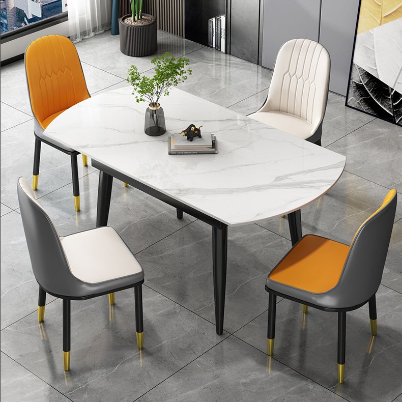 Round Dining Table White Stone Table Top with Black Metal Legs