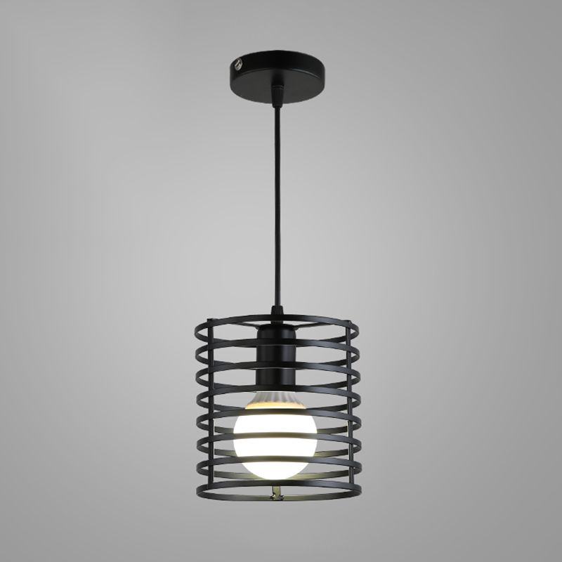 Industrial Cage Pendant Lighting 1-Light Metal Drop Lamp in Black for Restaurant
