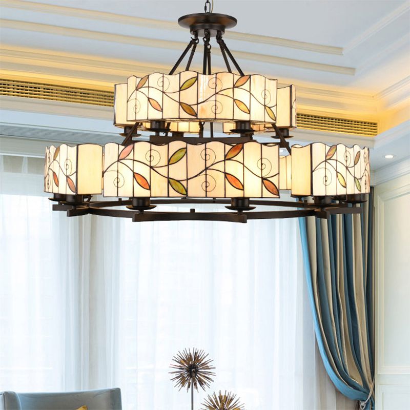 2 Tiers Leaf Suspension Light with Metal Chain Stained Glass Traditional Chandelier in Black Finish
