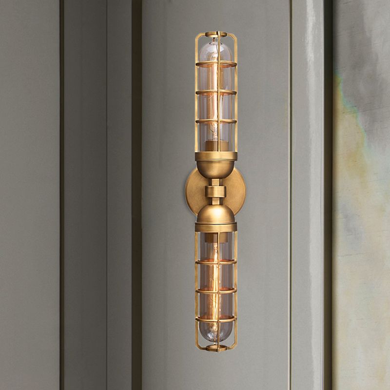 Retro Dual Cylinder Wall Mounted Light 2 Bulbs Clear Glass Sconce Lighting with Gold Metal Frame