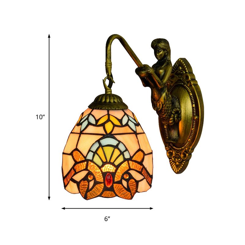 Antique Brass 1 Head Wall Mounted Light Tiffany Multicolor Stained Glass Dome Sconce Light