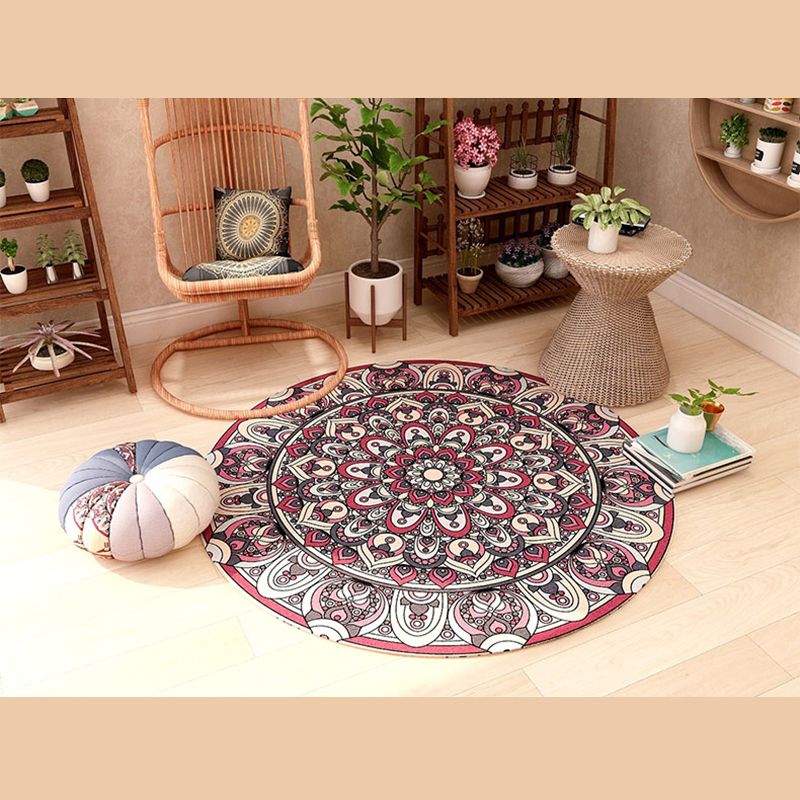 Red Living Room Area Carpet Shabby Chic Tribal Pattern Area Rug Non-Slip Backing Rug