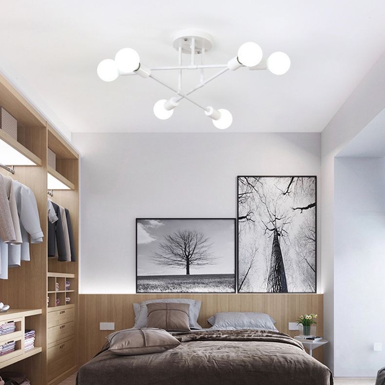 6-Lights Industrial Style Ceiling Lamp Metal Linear Arm Bare Bulb Flush Mount Lighting Fixture for Bedroom Living Room