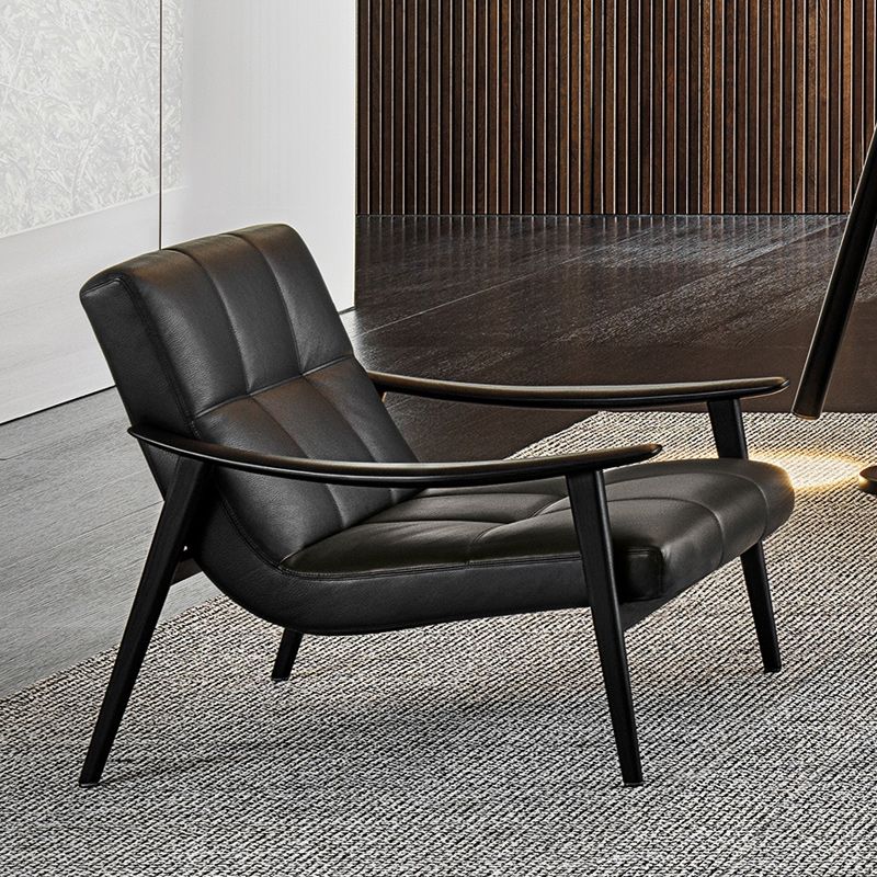 Solid Color Wooden Lounge Chair Genuine Leather Bedroom Side Chair