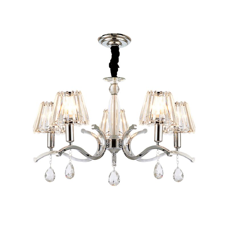 Silver 5/6 Bulbs Hanging Chandelier Modernist Crystal Tapered Suspension Pendant Lamp