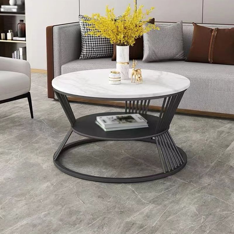 Modern Slate Frame Coffee Table Open Shelf Round Cocktail Table in Black/White