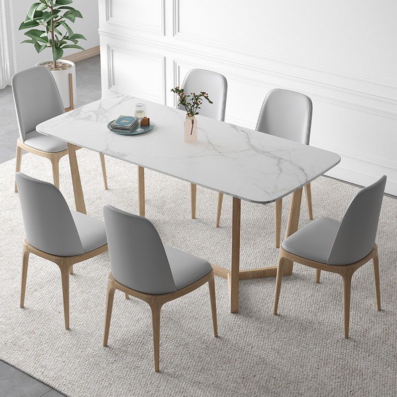 Contemporary Dining Table Set with Solid Wood Table and PU Leather Chairs