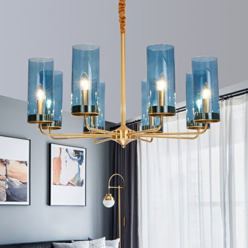 Postmodern Tubular Up Chandelier Glass Living Room Hanging Pendant Light in Brass
