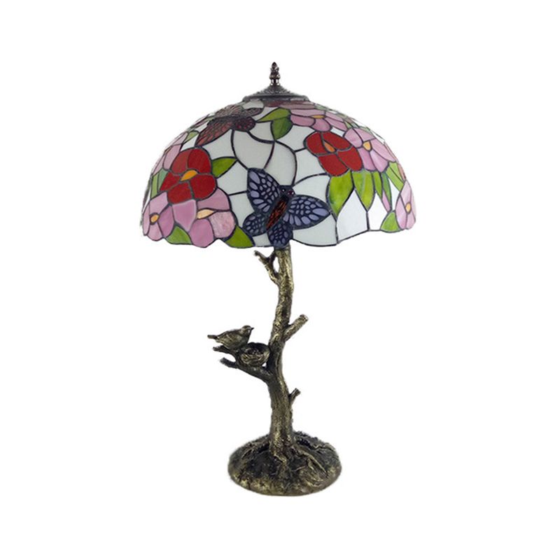 Stained Glass Brass Table Light Leaf/Rose/Peony Single Head Tiffany Style Nightstand Lamp for Bedroom
