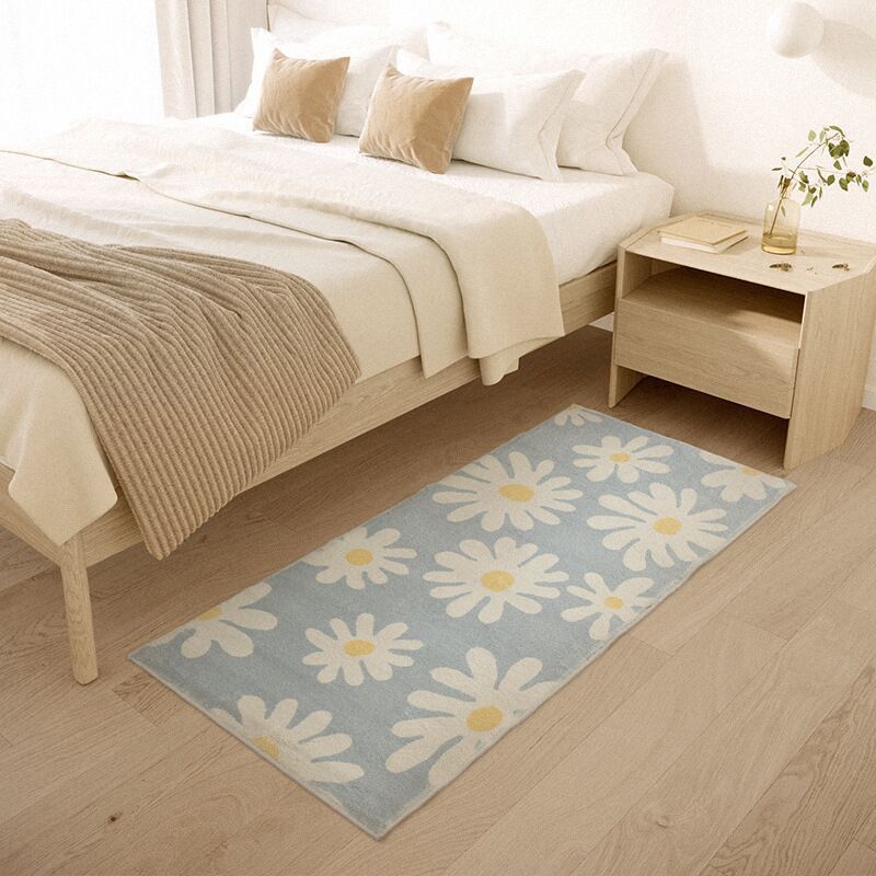 Green Flower Print Rug Polyester Modern Rug Washable Rug for Home Decor