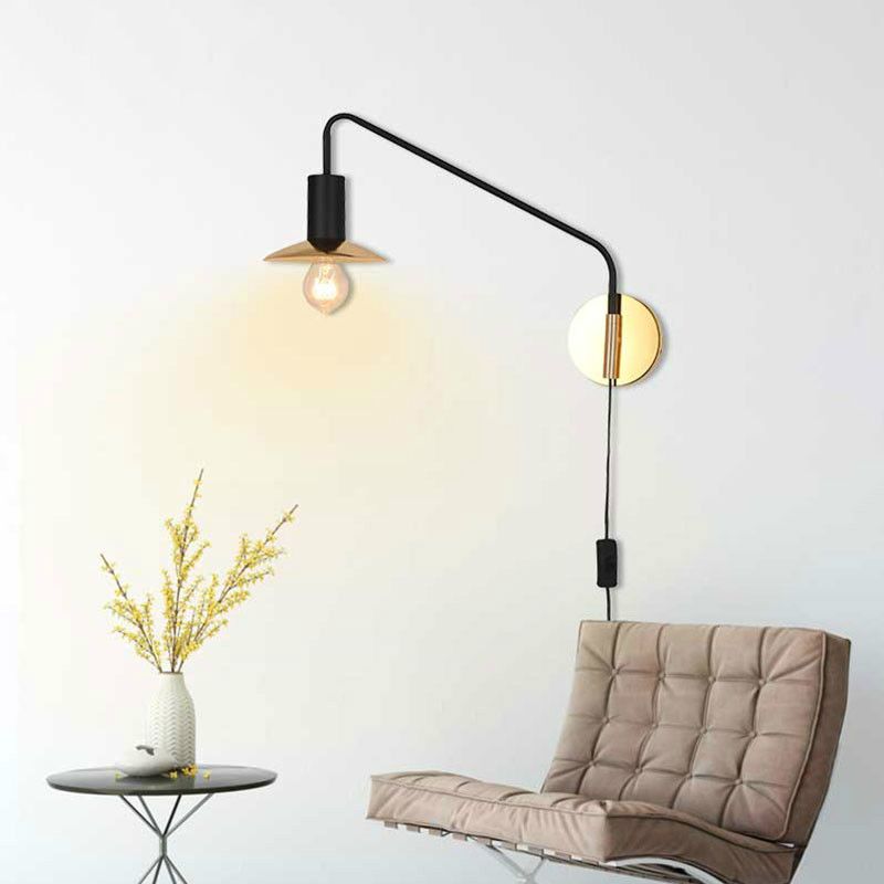 Metal Swing Arm Sconce Lamp Industrial Style Single Living Room Reading Light with Saucer Lampshade