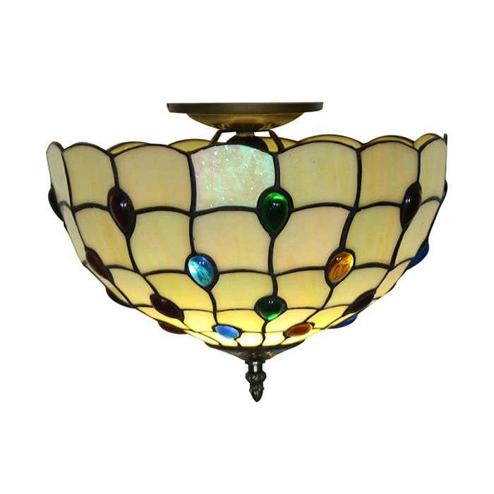12/16/19.5-Inch Wide Bowl Ceiling Light Retro Style Stained Glass 1/2/3 Light Jewel Flushmount Ceiling Light in Beige/White/Yellow