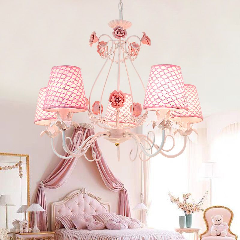 Countryside Barrel Chandelier Lighting Fixture 5 Heads Fabric Pendant Ceiling Light in Pink/White