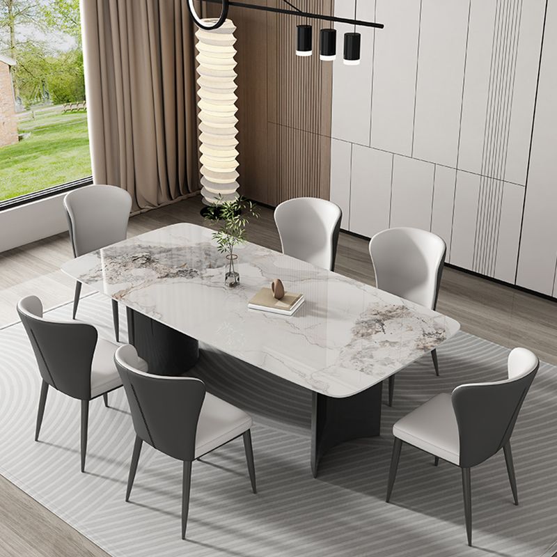 Contemporary Gray Rectangular Stone Dining Table with Double Pedestal
