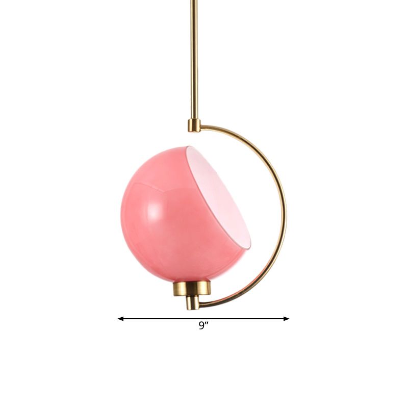Kit di luce sospesa emisferica Macaron Rosa a mano in vetro a testa 1 ciondolo per caduta con braccio curvo