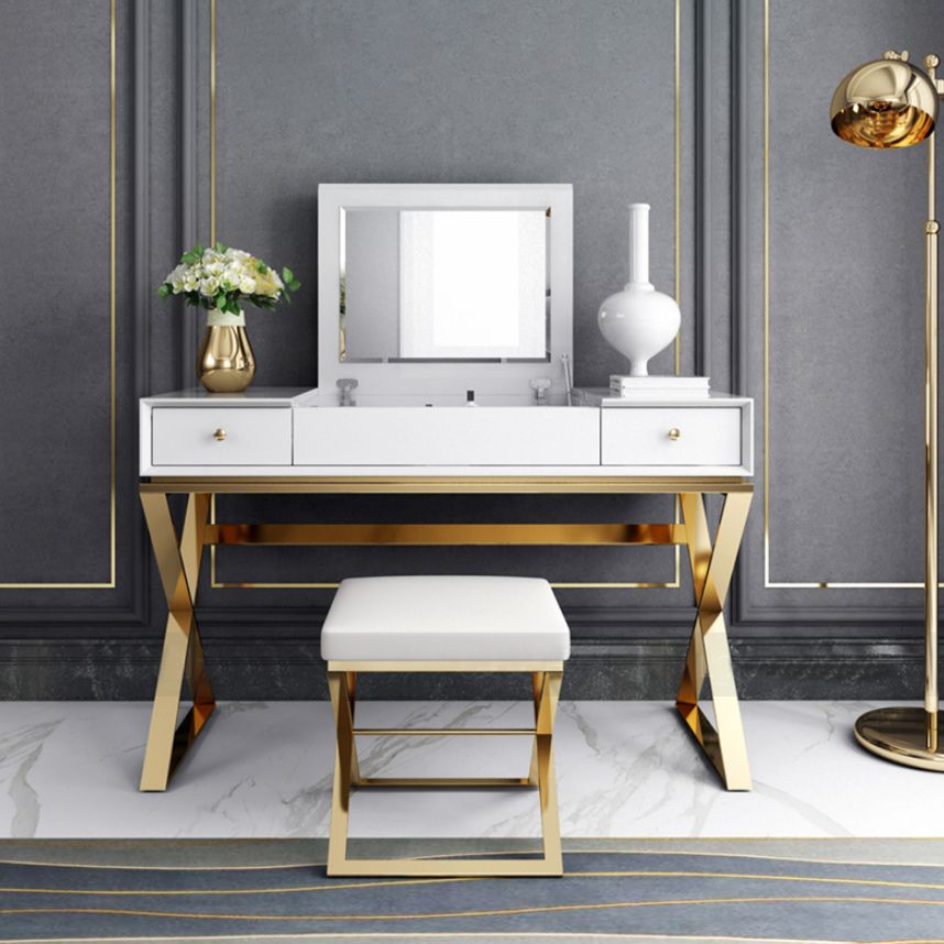 Contemporary White With Stool Mirror Bedroom Metallic Make-up Vanity