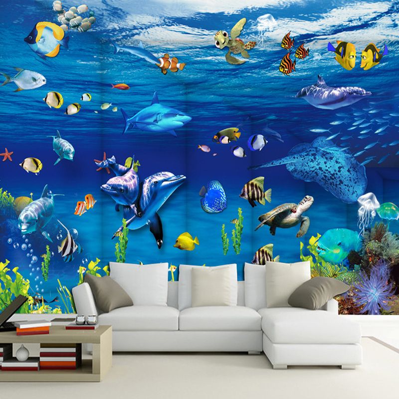 Undersea Animal Wall Mural Decal in Blue, Contemporary Wall Covering for Children's Bedroom
